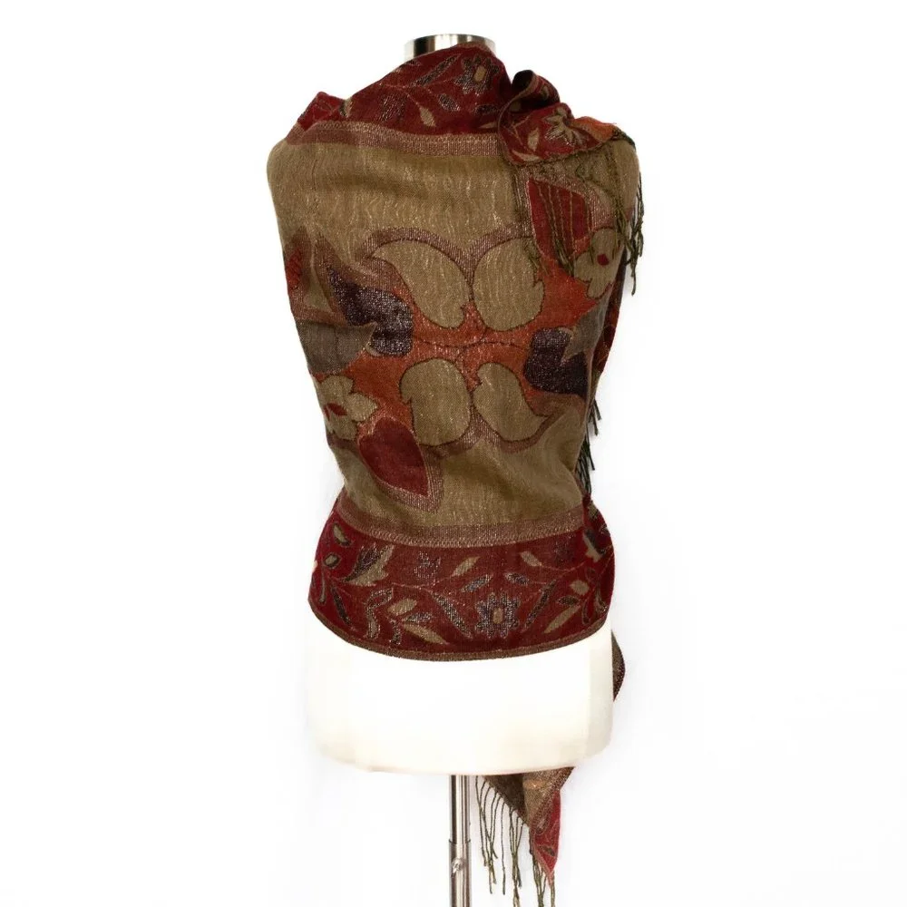 Hand-Woven Double-Sided Wrap Shawl w Floral Design & Sparkly Silver Tread Accent